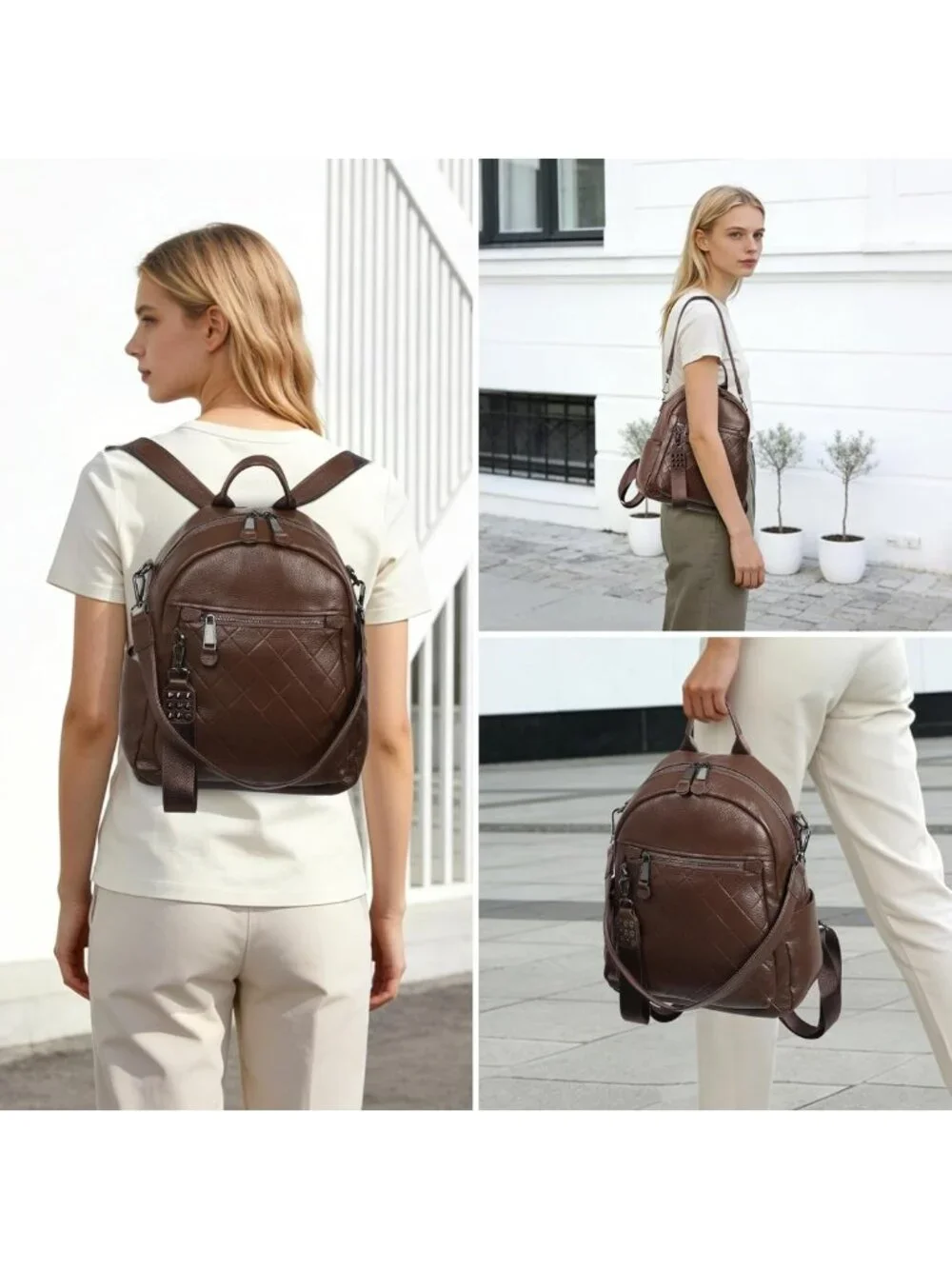 Stylish Quilted Genuine Leather Backpack Purse for Women - Multi-functional